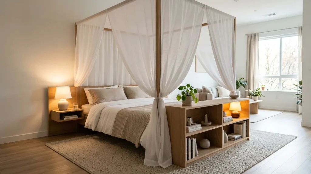 Studio apartment sleeping area with canopy frame and bookshelf room divider