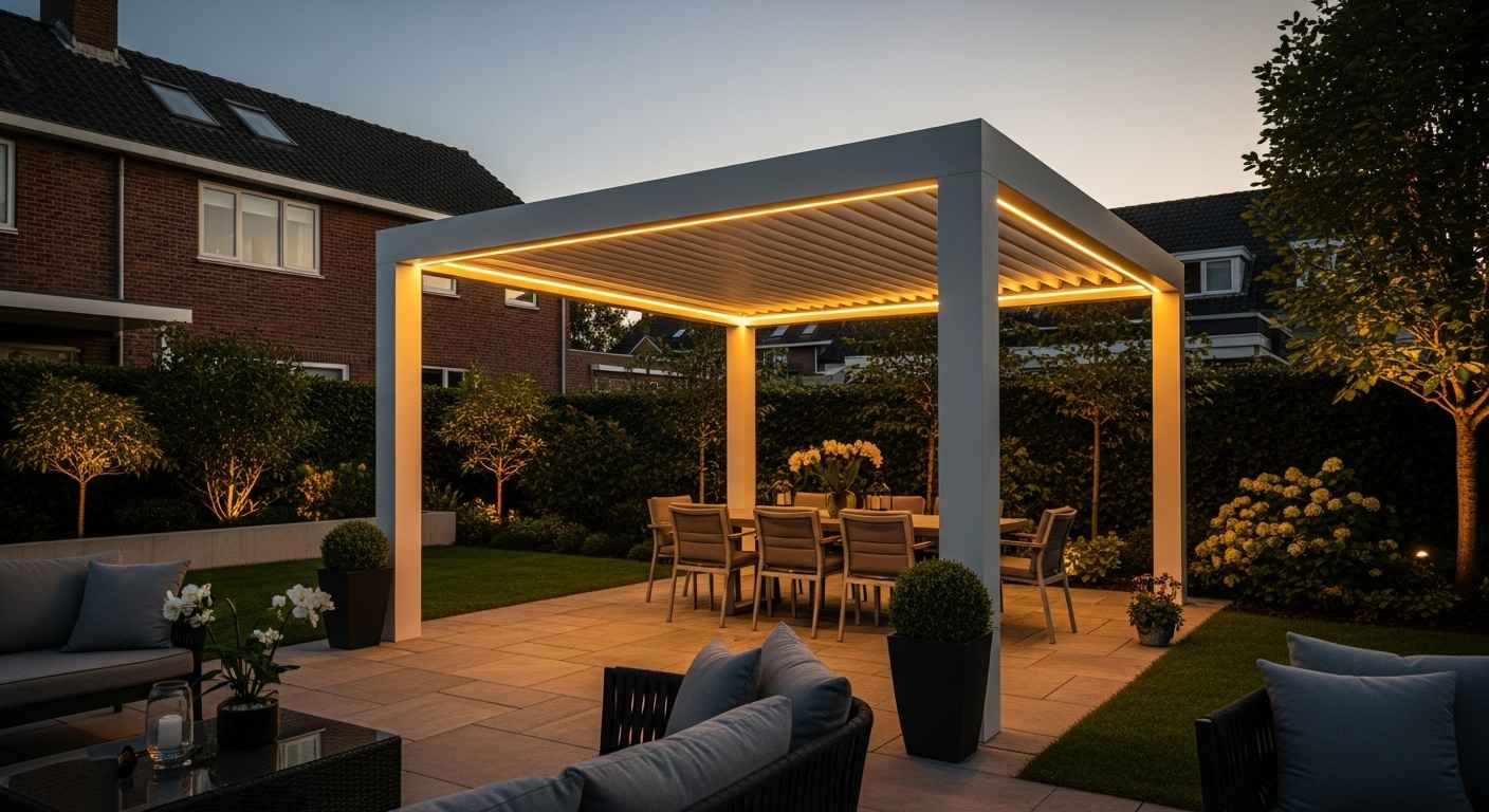 Beautiful modern pergola with outdoor furniture and lighting in luxury backyard setting