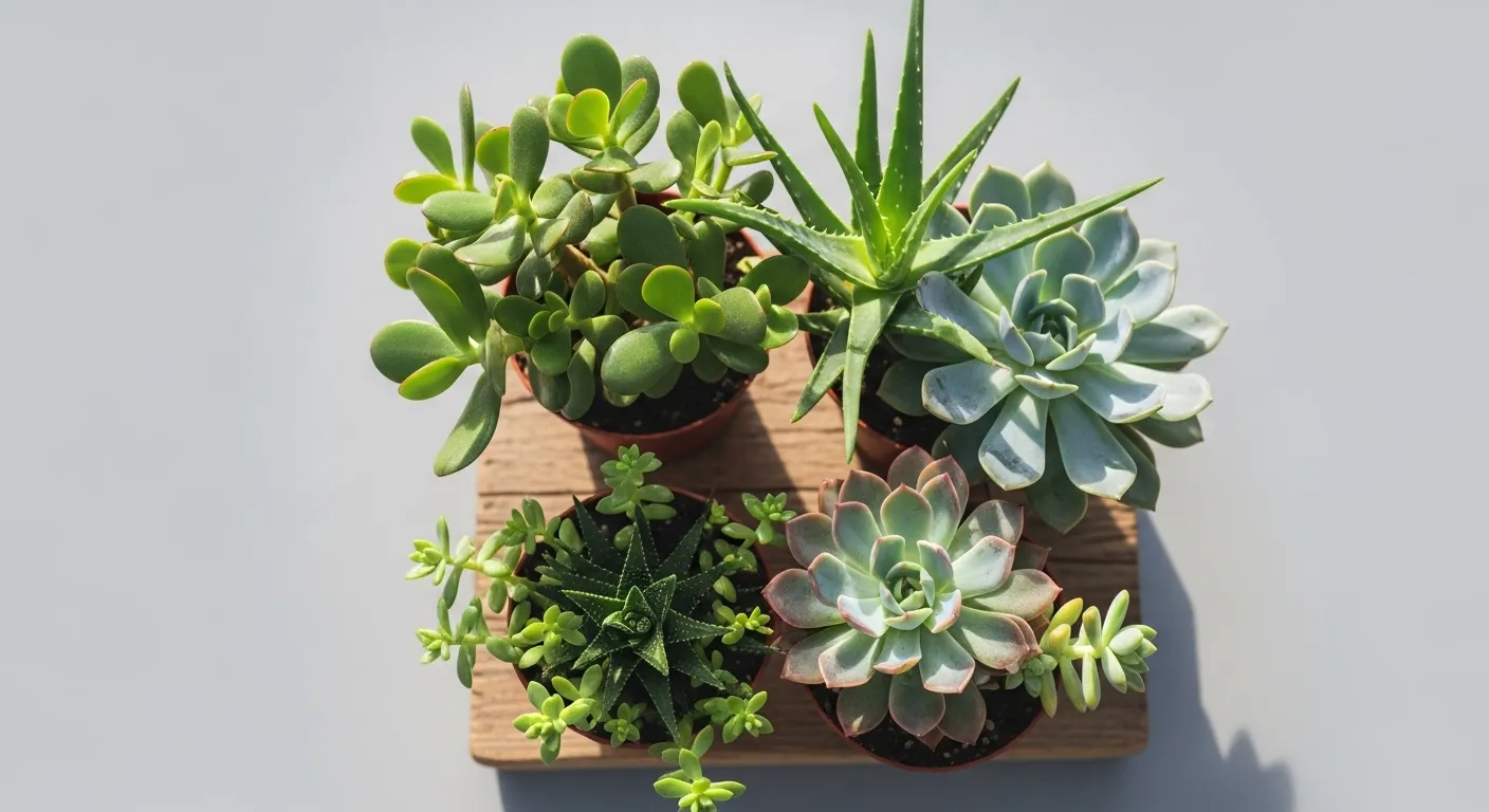 Colorful succulents in terracotta pots on a wooden surface.