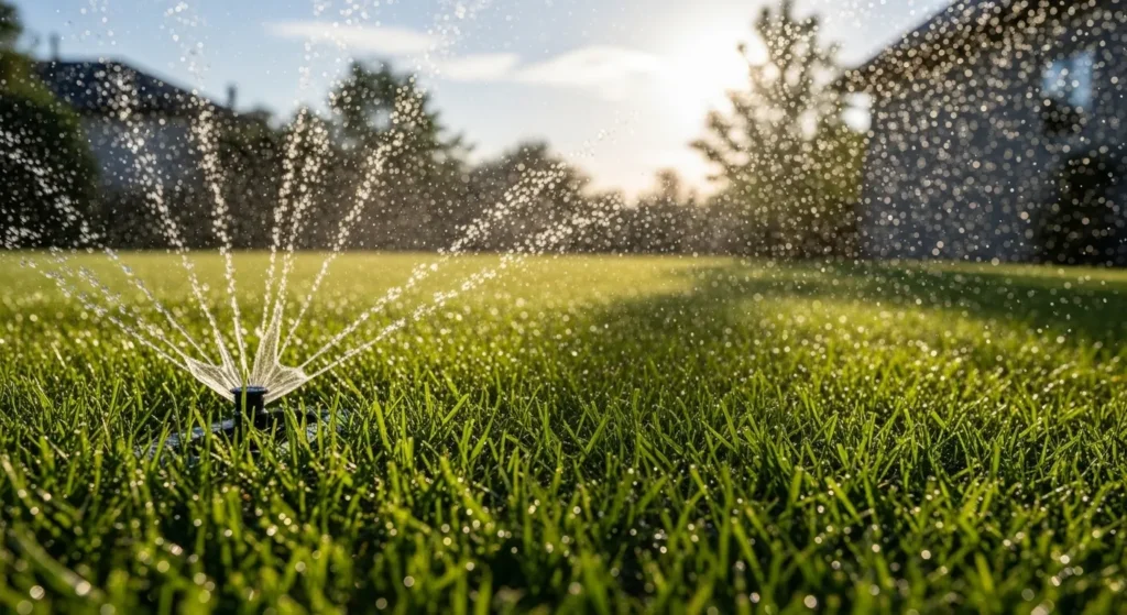 Hose watering a lush green lawn under sun.