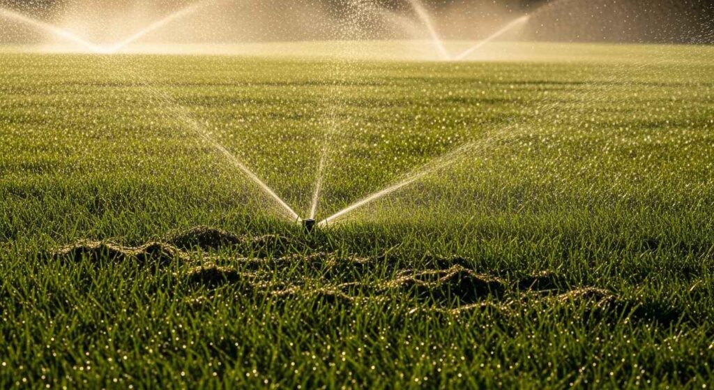 Sprinkler system watering green lawn in morning sunlight