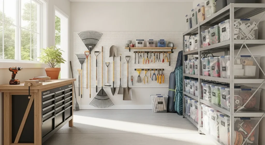 Neat outdoor storage setup with labeled bins containing summer equipment and gardening tools