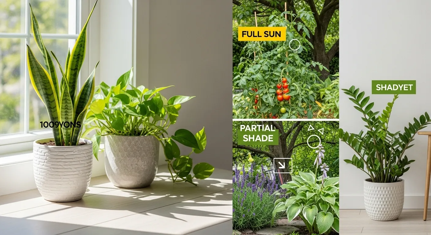 Colorful indoor and outdoor plants in sunlight and shade.