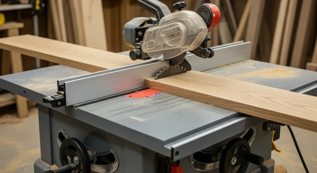 Stationary table saw cutting long wood board.