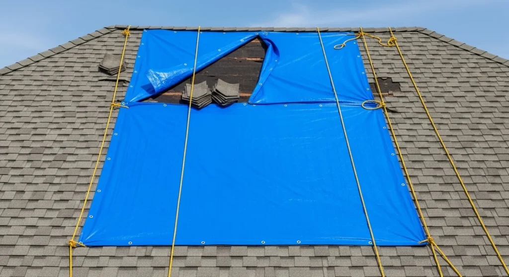 Blue tarp nailed down on sloped roof to cover leak.