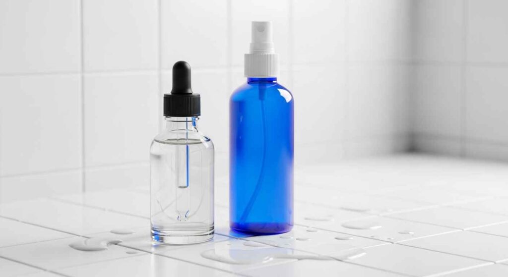 Bottle of tea tree essential oil next to a spray bottle.