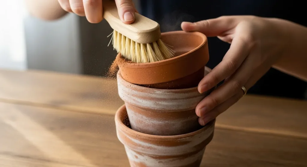 Person brushing dirt from terracotta planters.