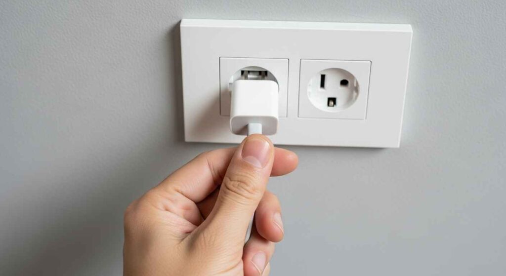 Hand plugging a device into a wall outlet to test it.