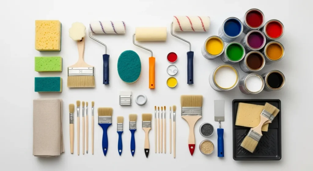 Collection of painting tools including rollers, sponges, brushes and texture additives laid out for textured wall project