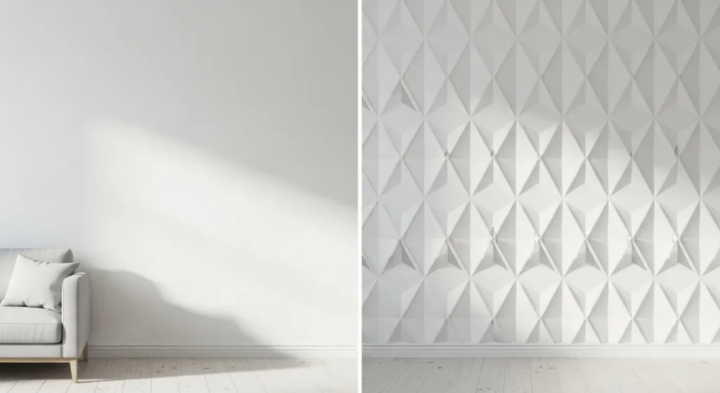 Side by side comparison of smooth painted wall and textured painted wall showing dimensional difference