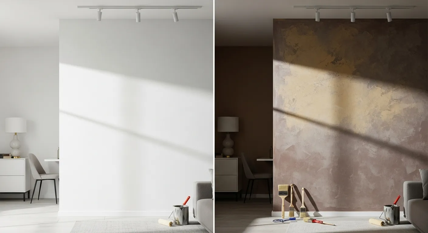 Split screen showing plain white wall transformed into elegant textured wall with painting tools, demonstrating DIY textured painting results
