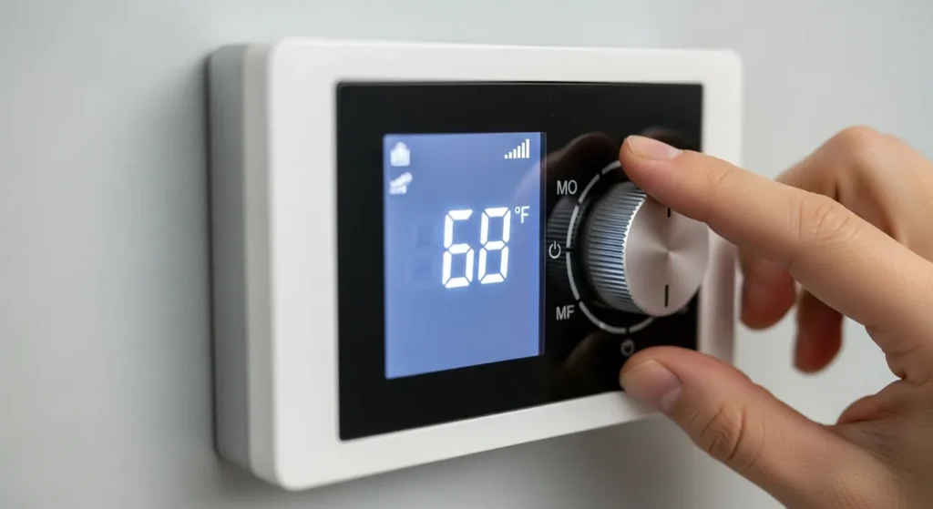 Digital thermostat on wall displaying temperature