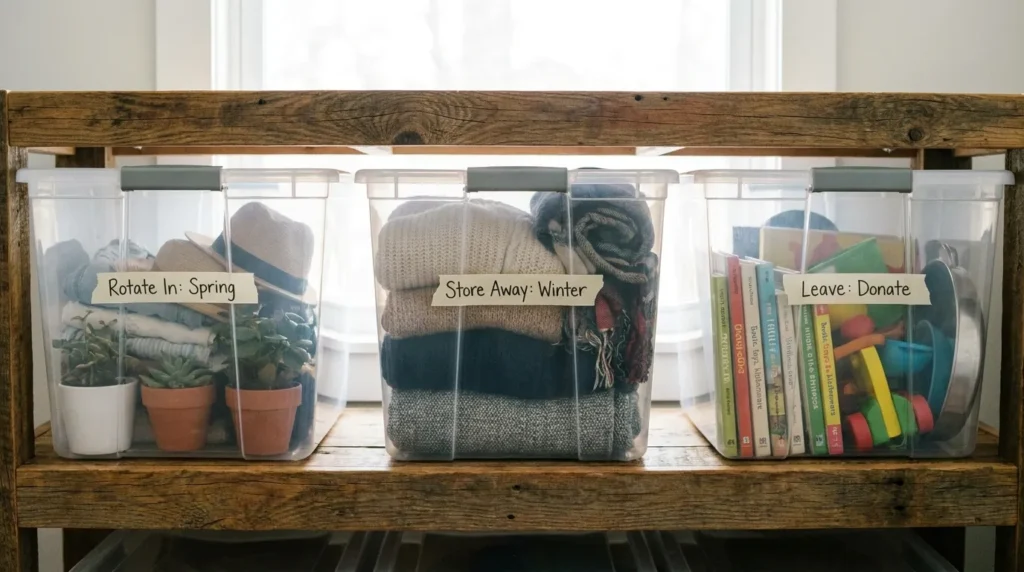 Three labeled clear storage bins on a shelf representing the keep, store, and leave sorting system.