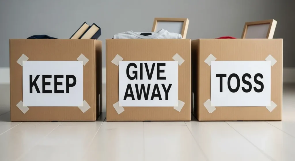 Three labeled boxes showing Keep, Give Away, and Toss categories for home organization