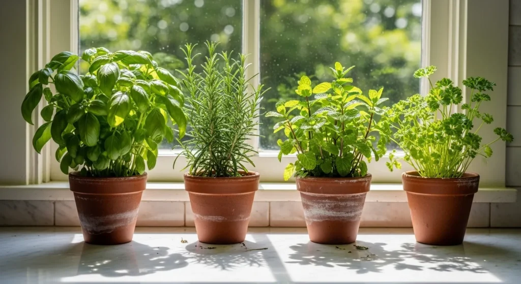 Variety of herbs growing indoors successfully.
