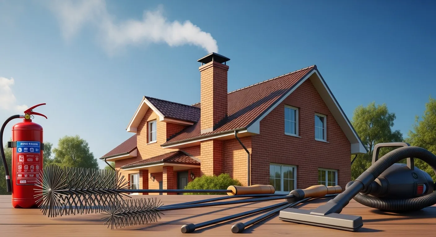 Eye-catching image of house chimney and cleaning tools for DIY guide.
