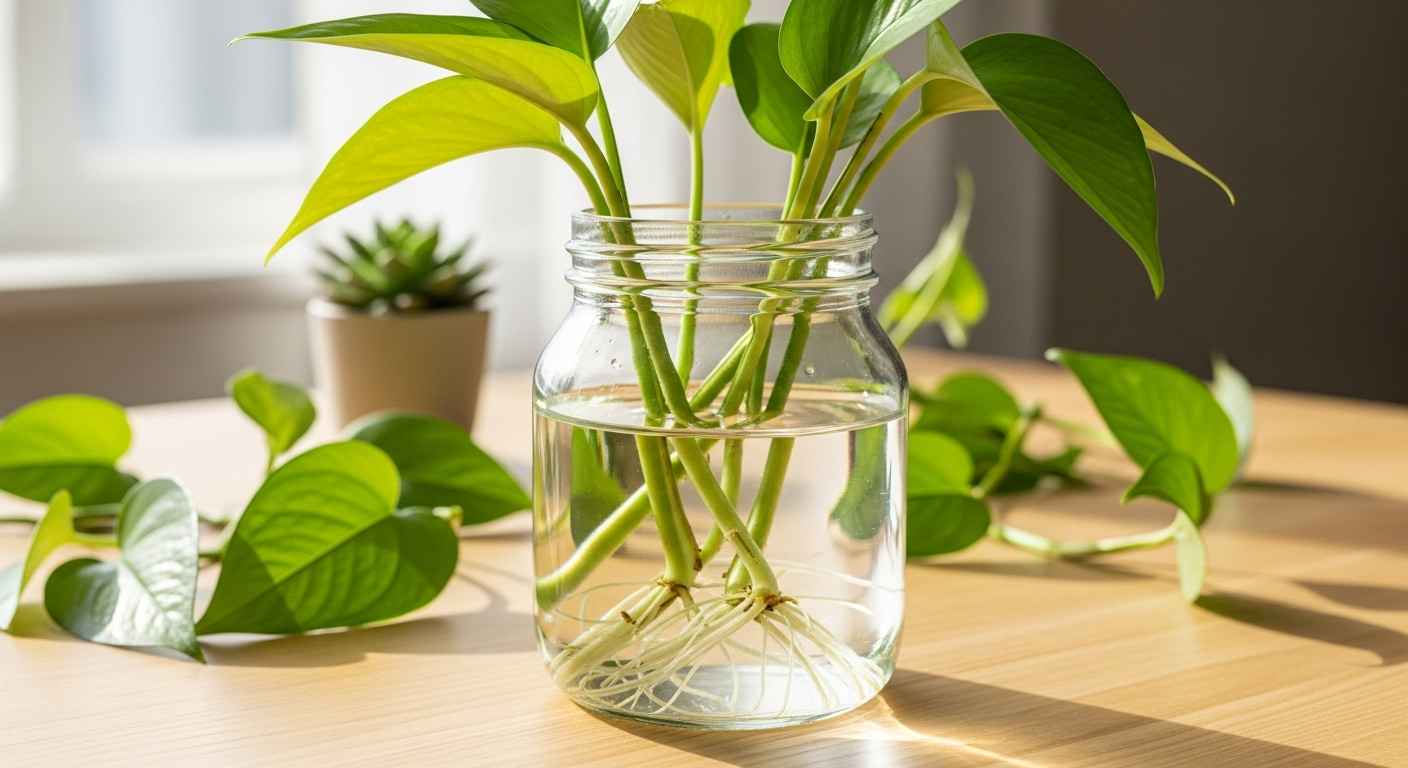 Beginner plant propagation thumbnail with stem cuttings in jar.
