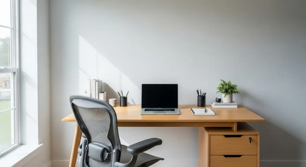 Modern home office with a tidy desk, ergonomic chair, and natural light