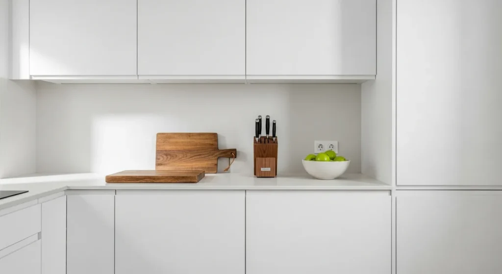 Minimalist kitchen counter with organized utensils and clear space.