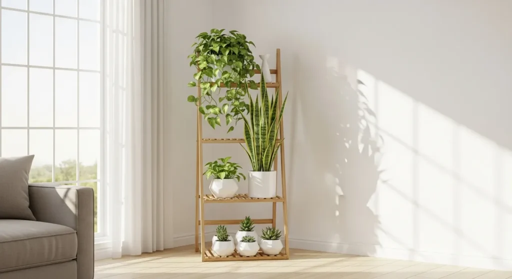 Three-tier wooden ladder plant stand with pothos, snake plants, and succulents in modern living room
