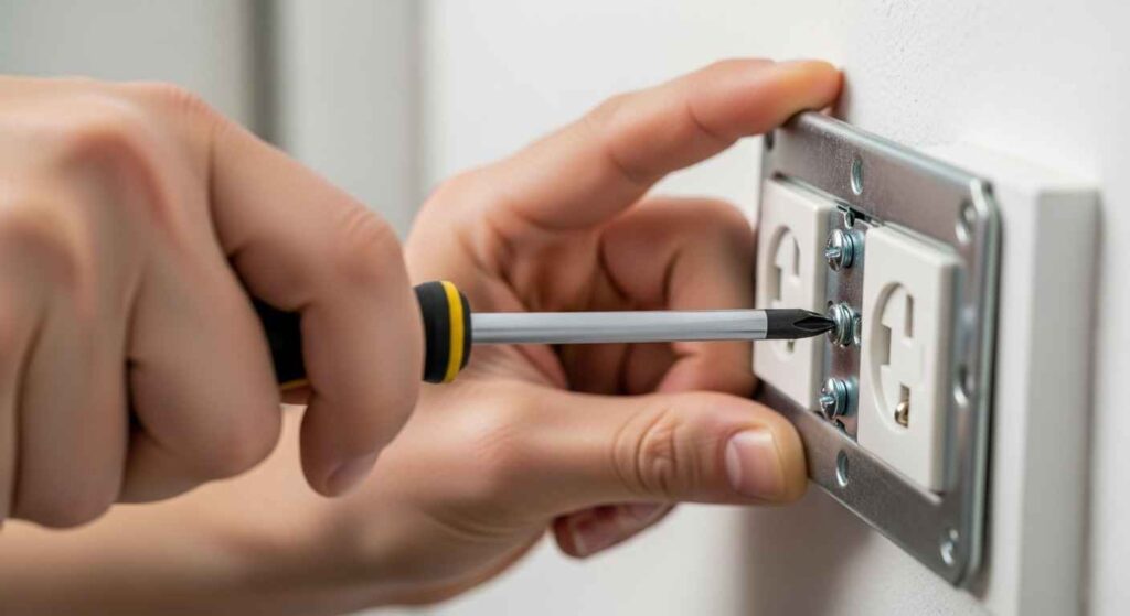 Hand using a screwdriver to tighten screws on a wall outlet.