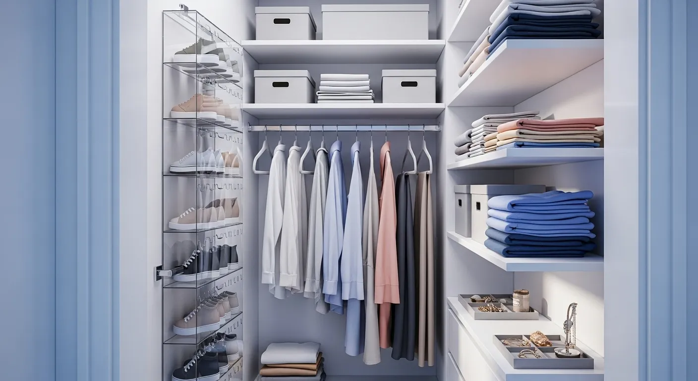 Neat small closet using shelves, hangers, and door organizers