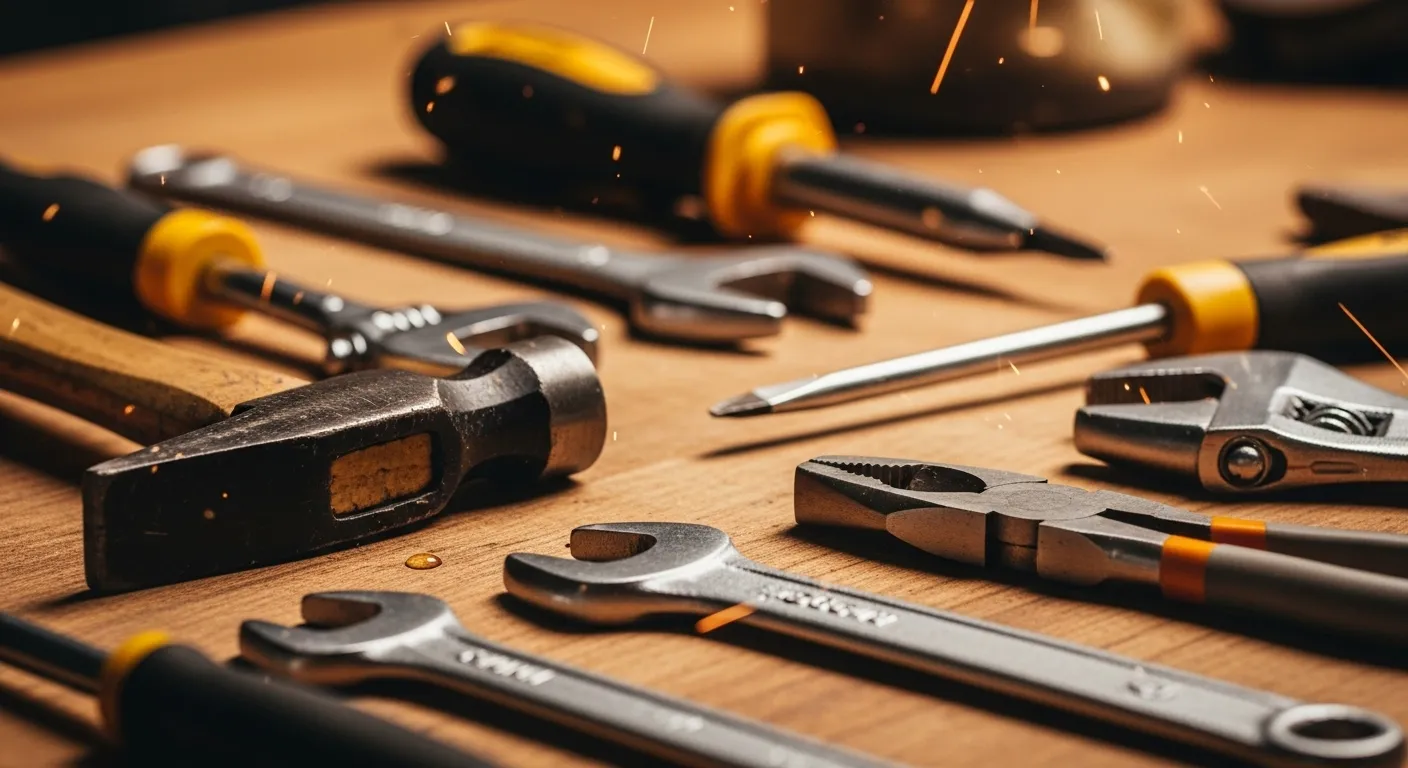 Assorted clean tools on workbench for maintenance guide