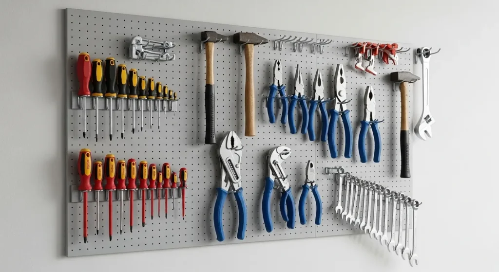 Tools hanging on a pegboard in a garage