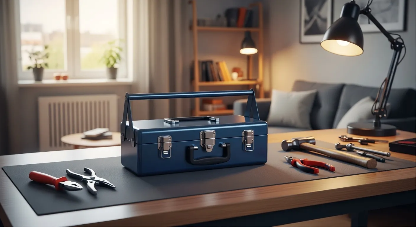 Vibrant toolbox on a workbench in a cozy apartment setting.
