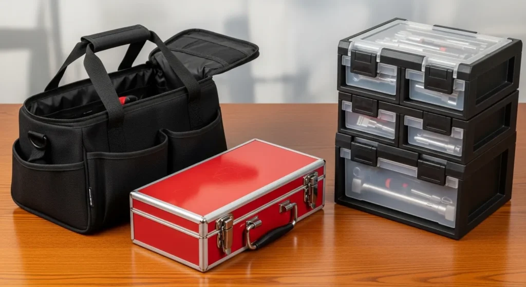 Side-by-side view of portable box, tool bag, and modular system.