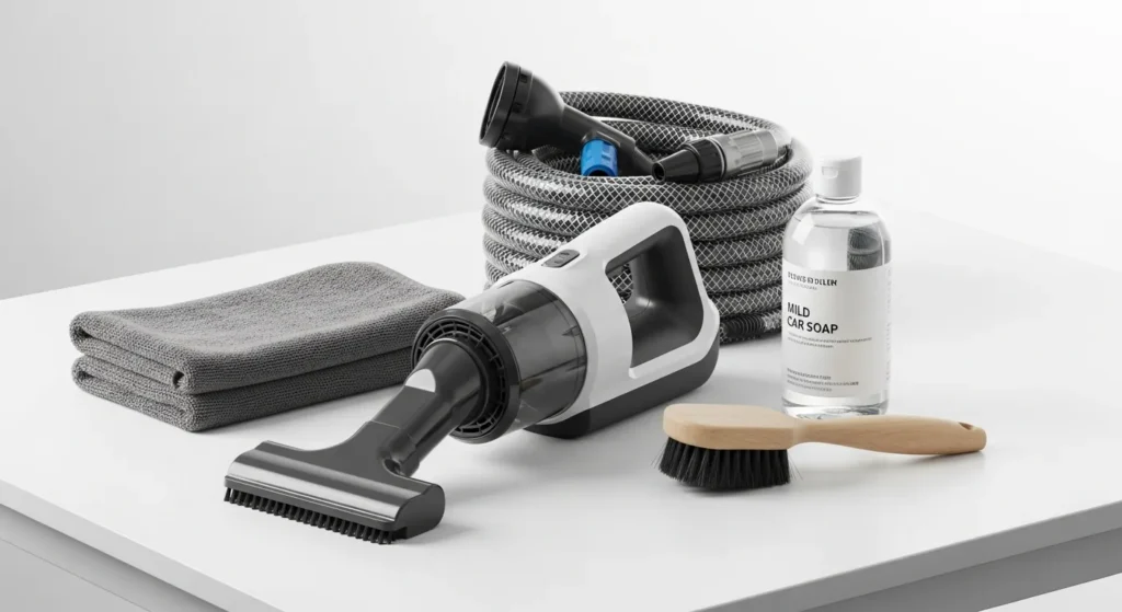 Tools including vacuum, soap, brush, and hose for AC filter cleaning.