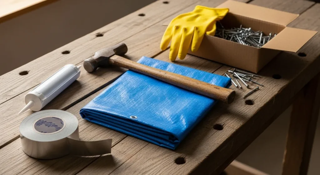 Tools including tarp, tape, and caulk for temporary roof fix.