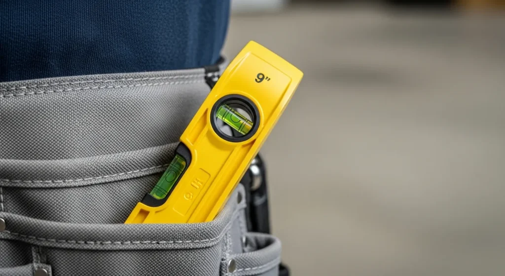 9-inch torpedo level secured in tool belt.