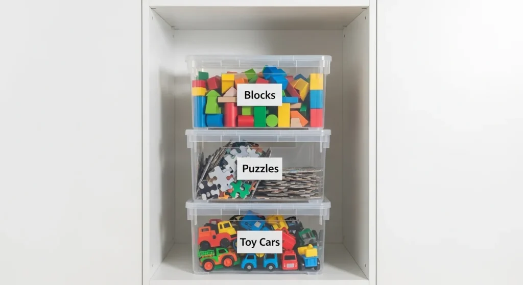 Plastic bins stacked in a closet for toy storage.
