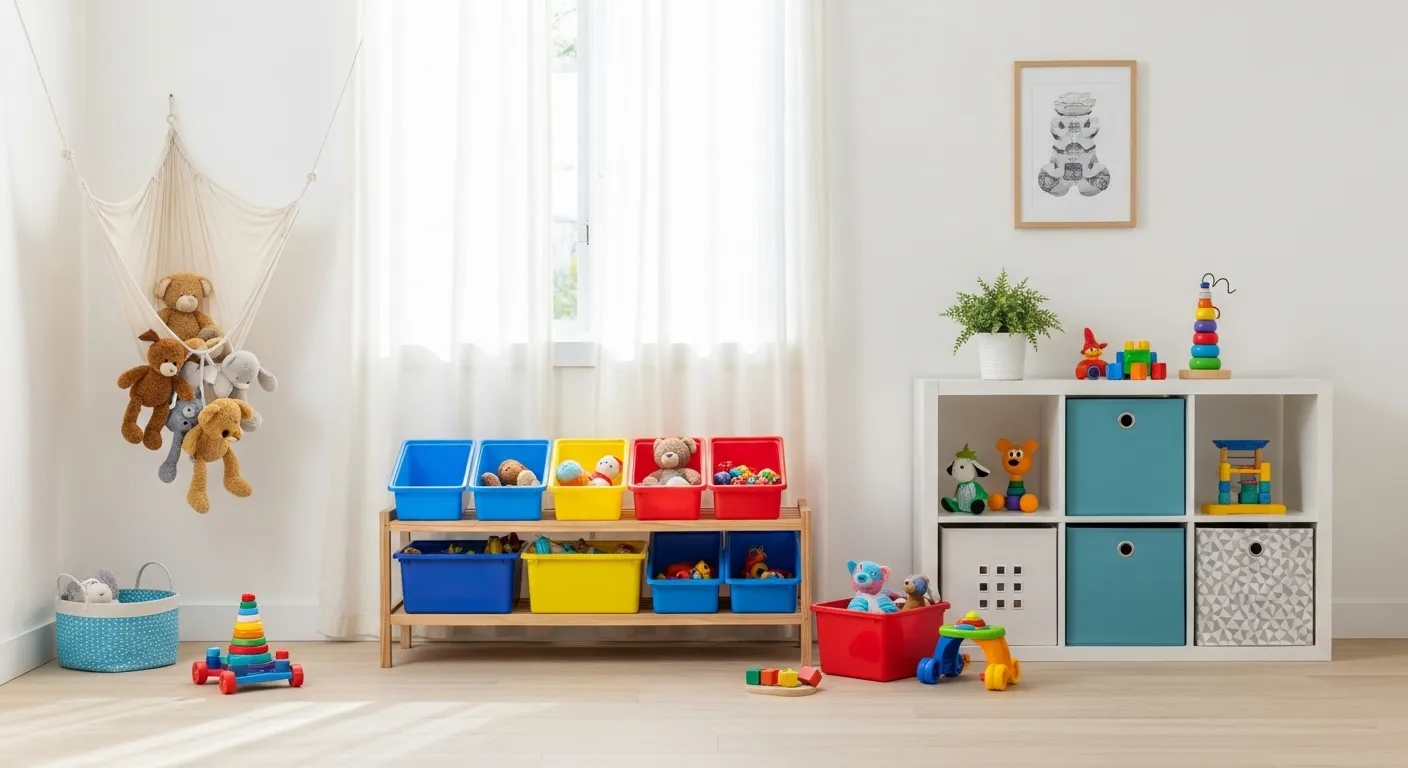 Colorful toy storage bins and shelves in a kids' room.