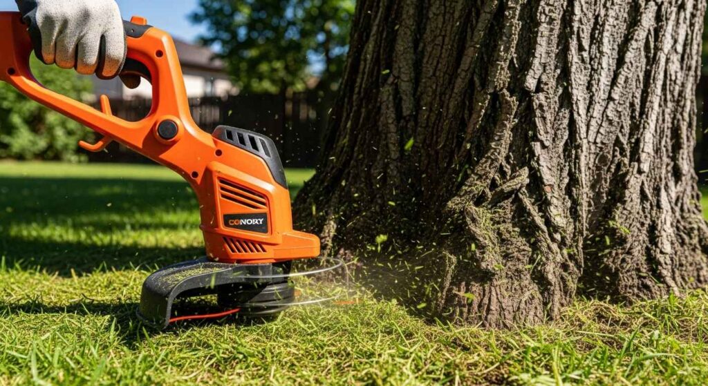 Electric string trimmer working near a garden bed.