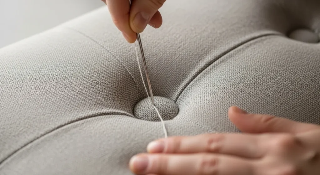 Tufted fabric on DIY ottoman cushion.