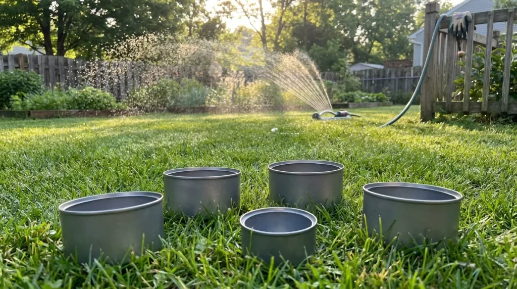 Tuna cans placed on lawn to measure sprinkler distribution in the tuna can coverage test