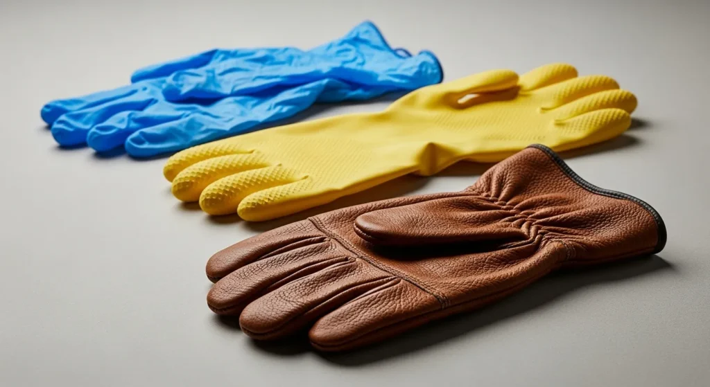 Images of leather, nitrile, and rubber gloves.