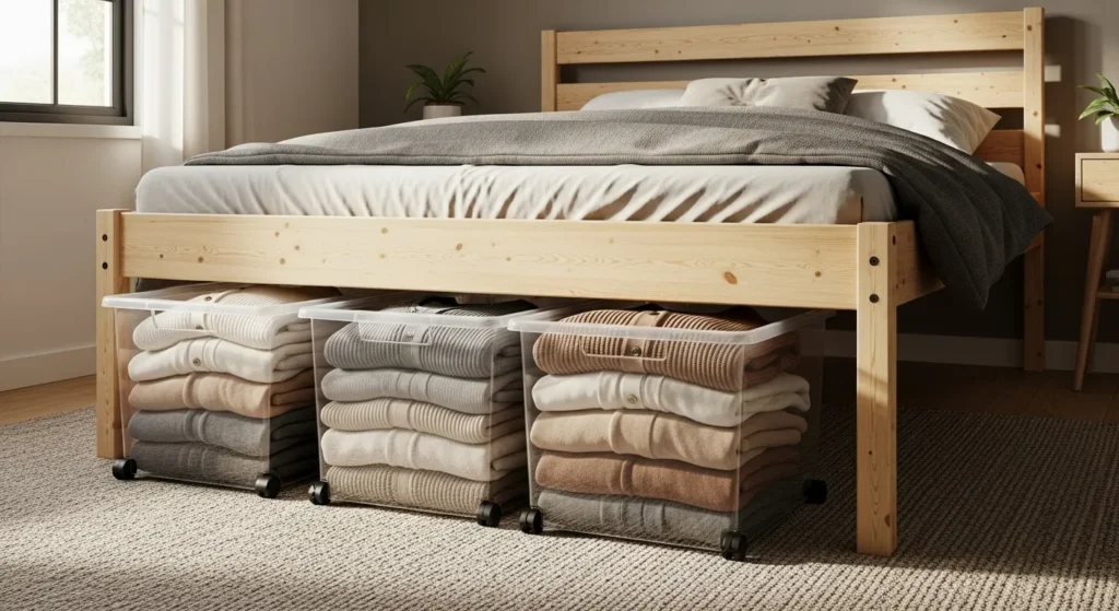 Clear storage bins pulled from under bed frame