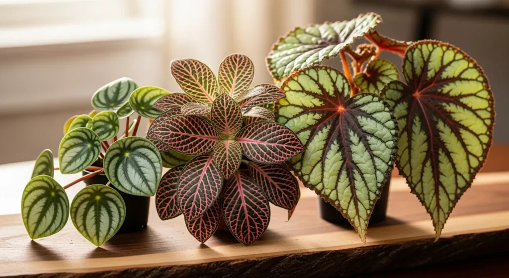 Collection of unique low-light plants including nerve plant, watermelon peperomia, and rex begonia