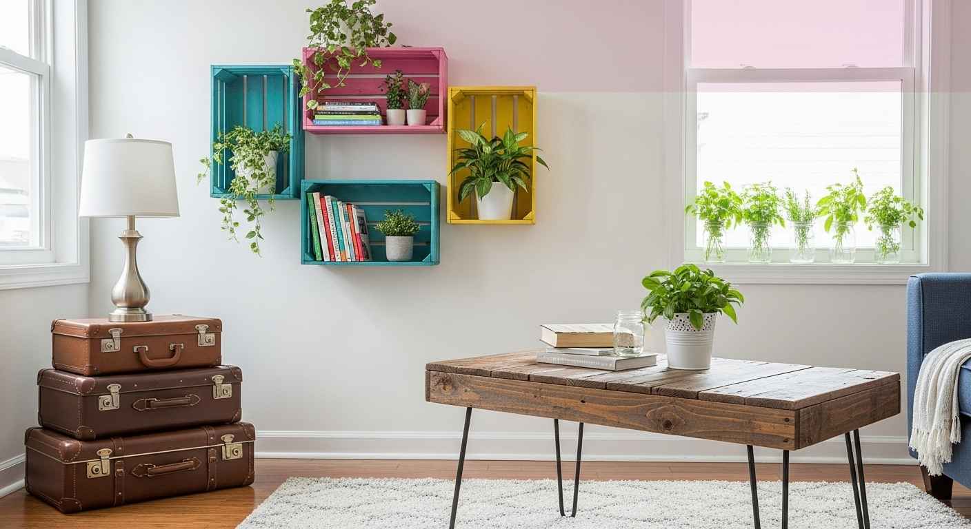 Modern living room featuring upcycled decor including vintage suitcase table, painted crate shelves, and reclaimed wood coffee table