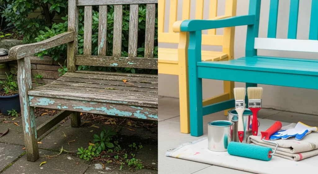 Before and after comparison of upcycled outdoor furniture showing dramatic improvement