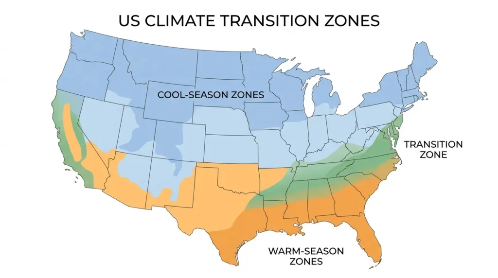 US map showing cool-season warm-season and transition grass climate zone bands