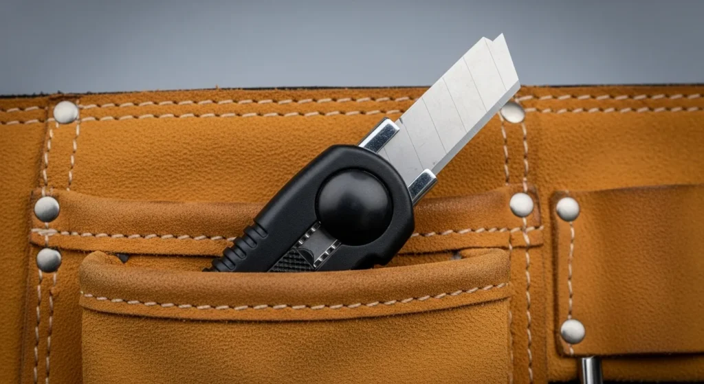 Retractable utility knife in leather tool belt pocket.