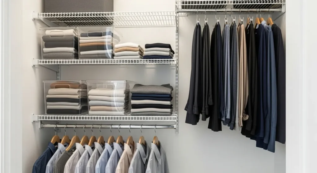 Tall closet with double rod and upper shelves holding bins