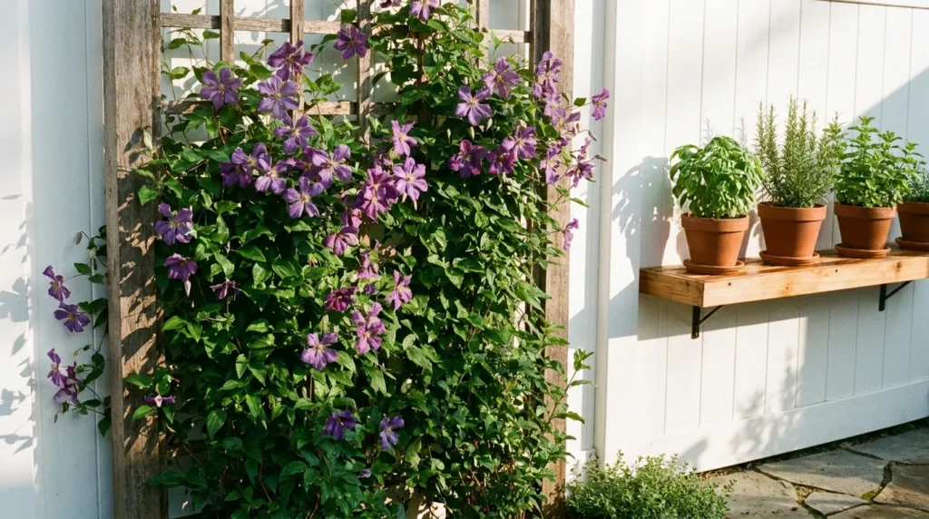 Vertical garden trellis with purple clematis on a white fence wall on a small patio, with a floating shelf holding herb pots.