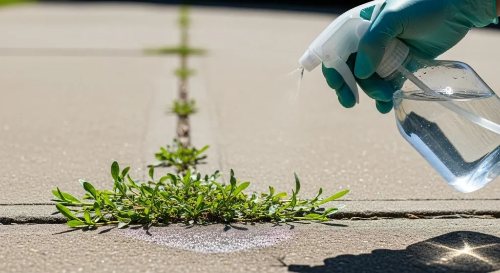 Person using spray bottle with vinegar on small weeds in pavement cracks