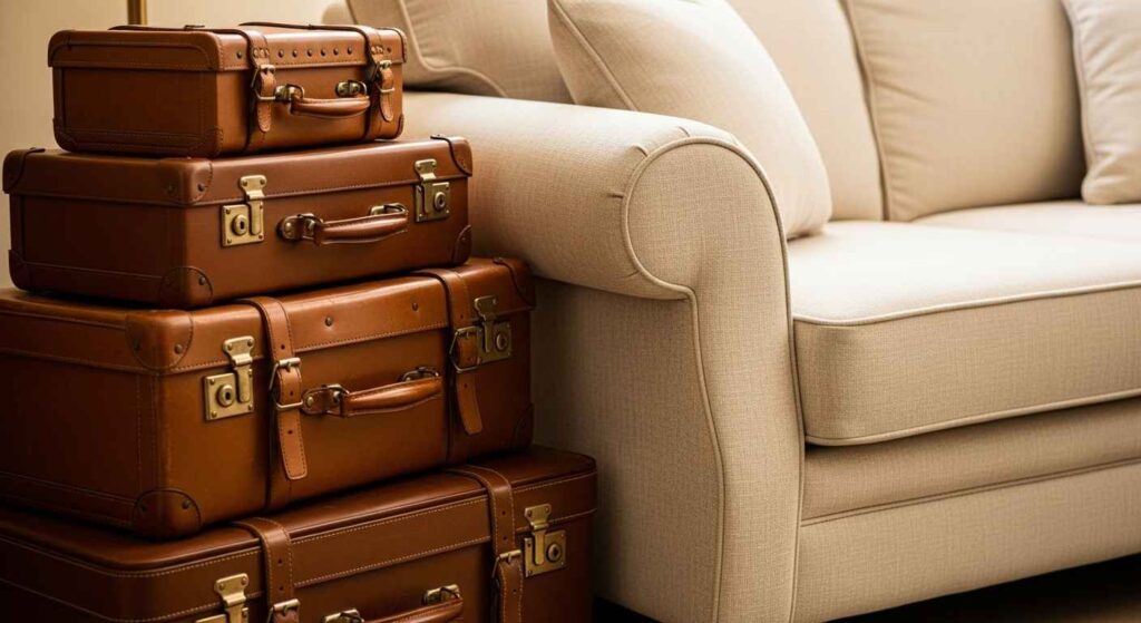 Three stacked vintage suitcases used as storage ottoman next to living room sofa