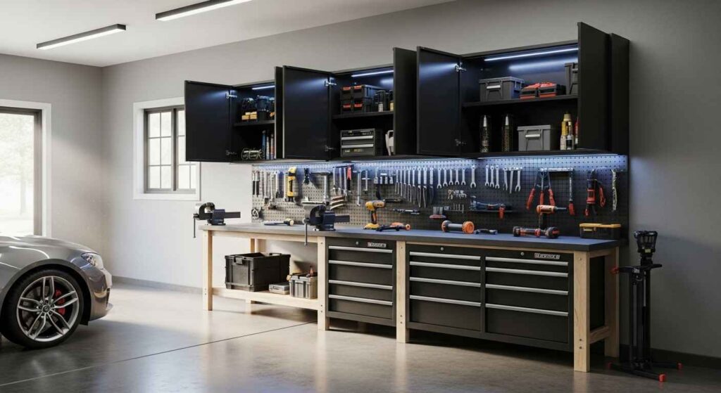 Fully organized garage with multiple storage systems